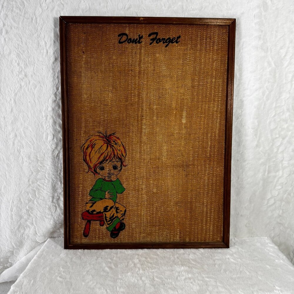 Vintage 1970s Framed Burlap Art "Dont Forget" With Big-Eyed Child Image